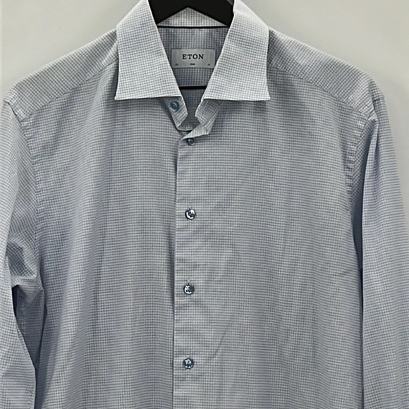Eton Slim Fit Dress Shirt Grid Print Long Sleeve Button Up - Size 17 Slim/43 - Picture 2 of 8